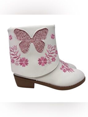Western style girls boot white w/pink floral embroidery & glitter butterfly sz 2